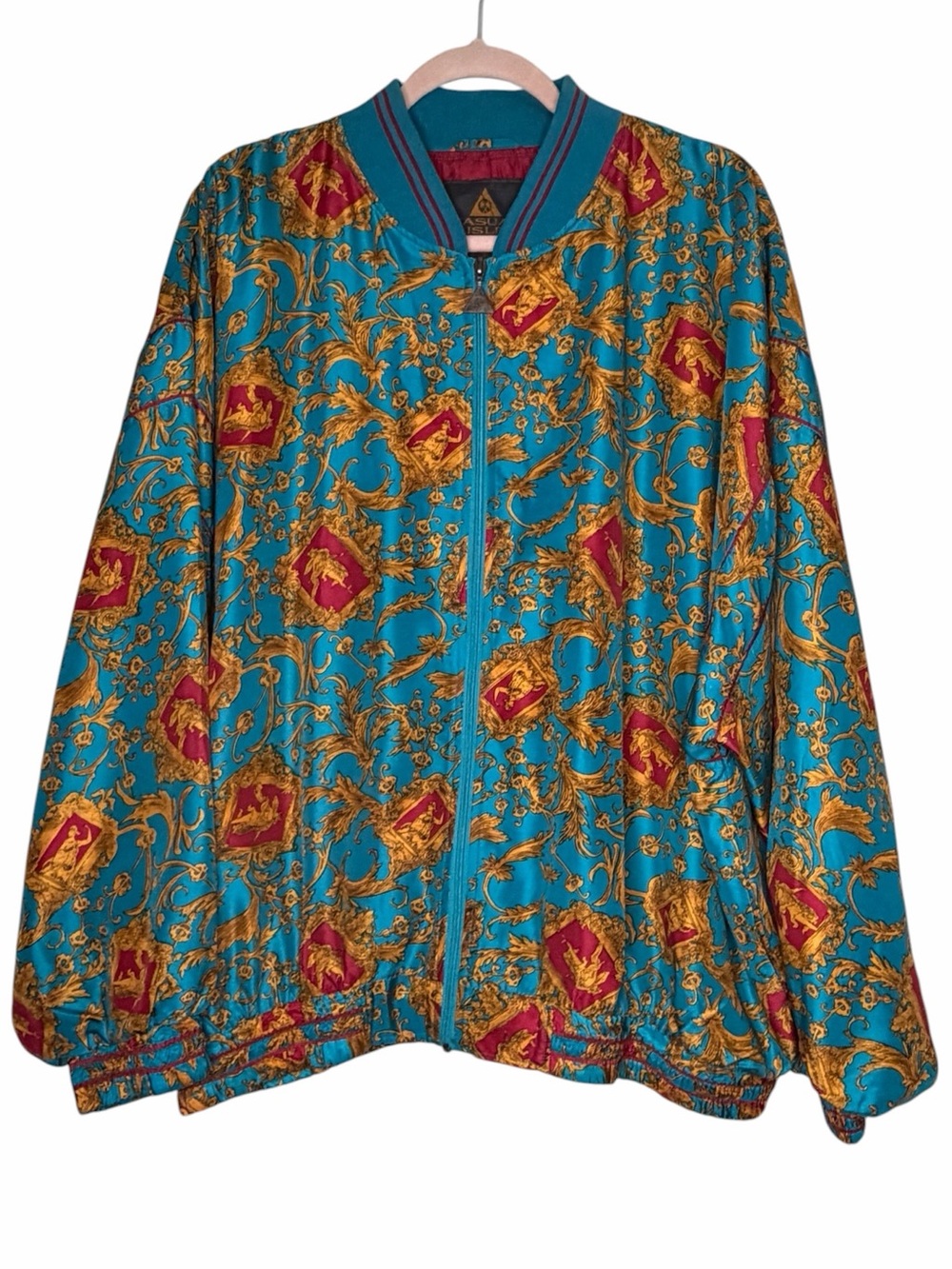 Vintage 80s Casual Isle Blue & Gold Baroque Greek Mythological Print Silk Jacket
